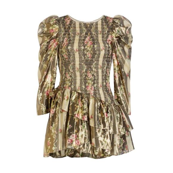 LoveShackFancy NWT Greenwich Midnight Ruby Gold Metallic Smocked Mini Dress XS - Picture 17 of 17